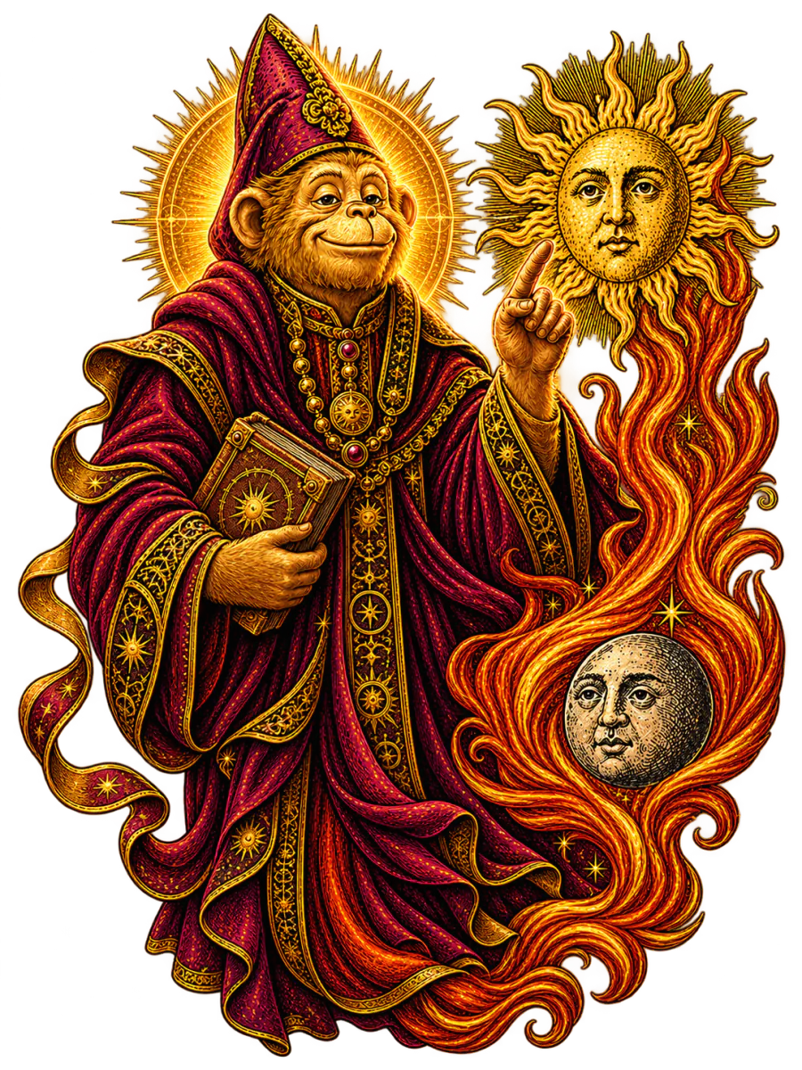 Aurek, the Elder Alchemist: a robed monkey sage holding a book and raising one finger, beside a radiant Sun and a quiet Moon rising from fire.