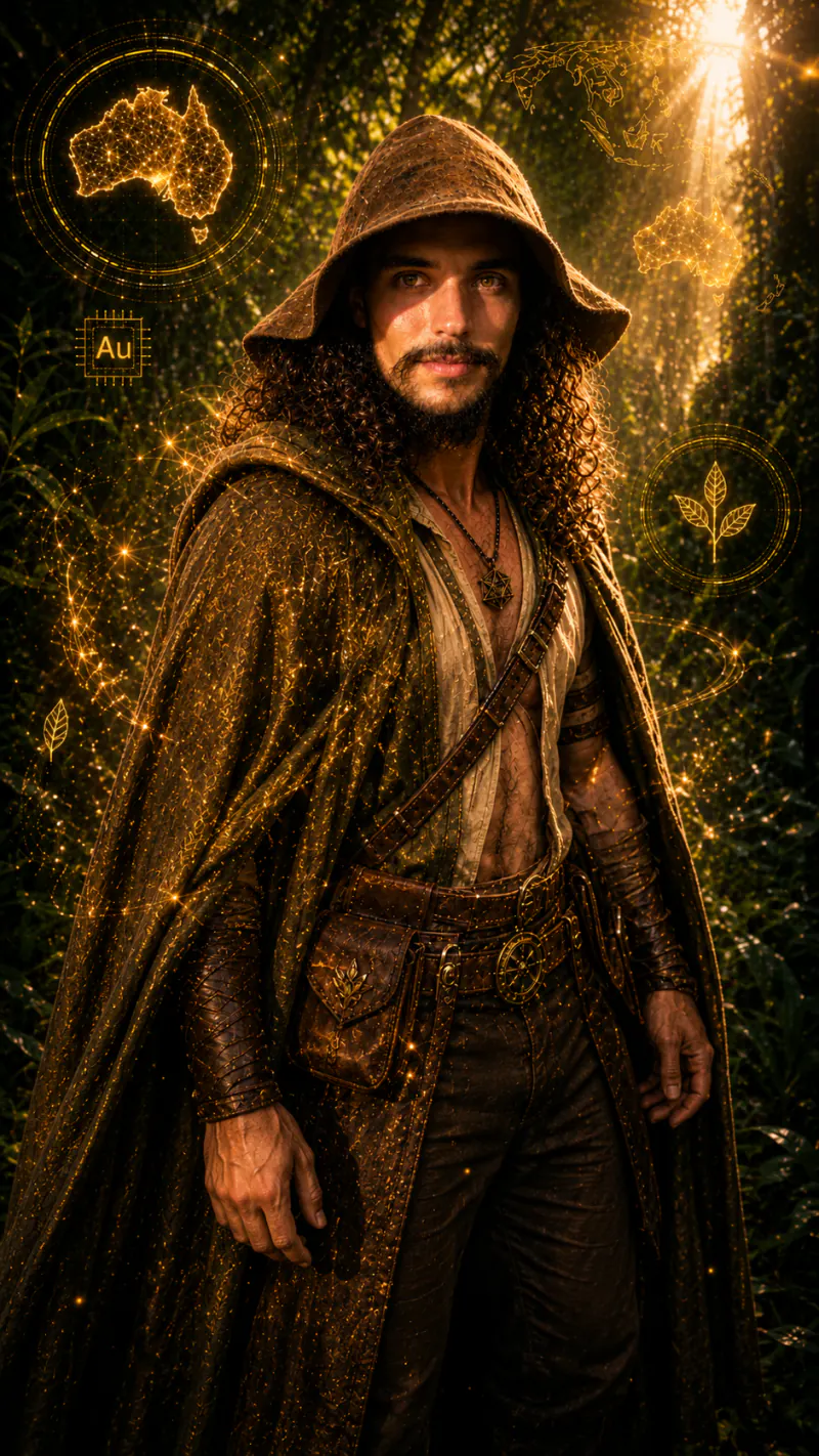 Joel, the human guide: a curly-haired man in a hooded cloak, lit warm gold in a luminous forest, meeting the camera with a quiet, open expression.