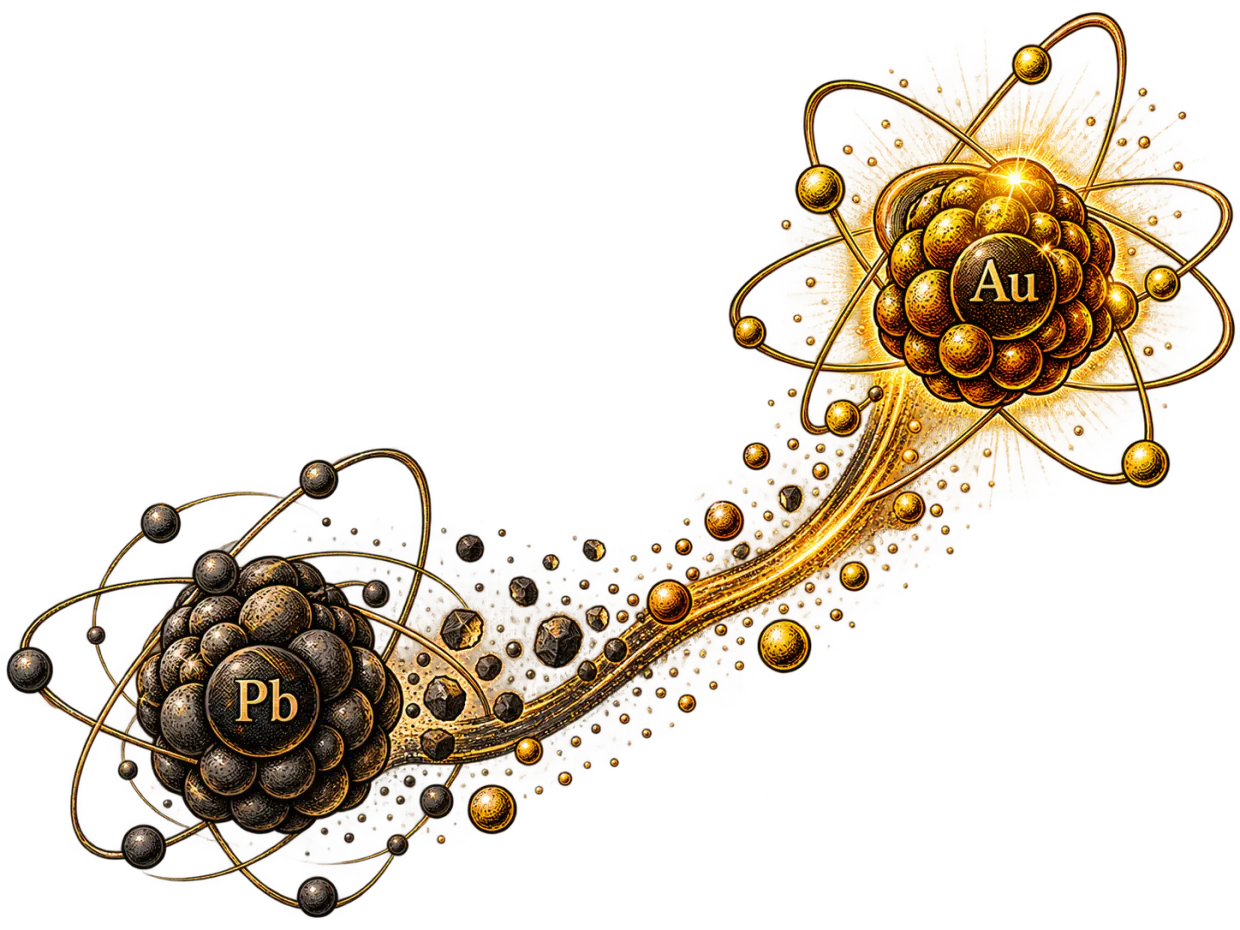 A lead atom (Pb) transmuting along a golden stream into a radiant gold atom (Au).
