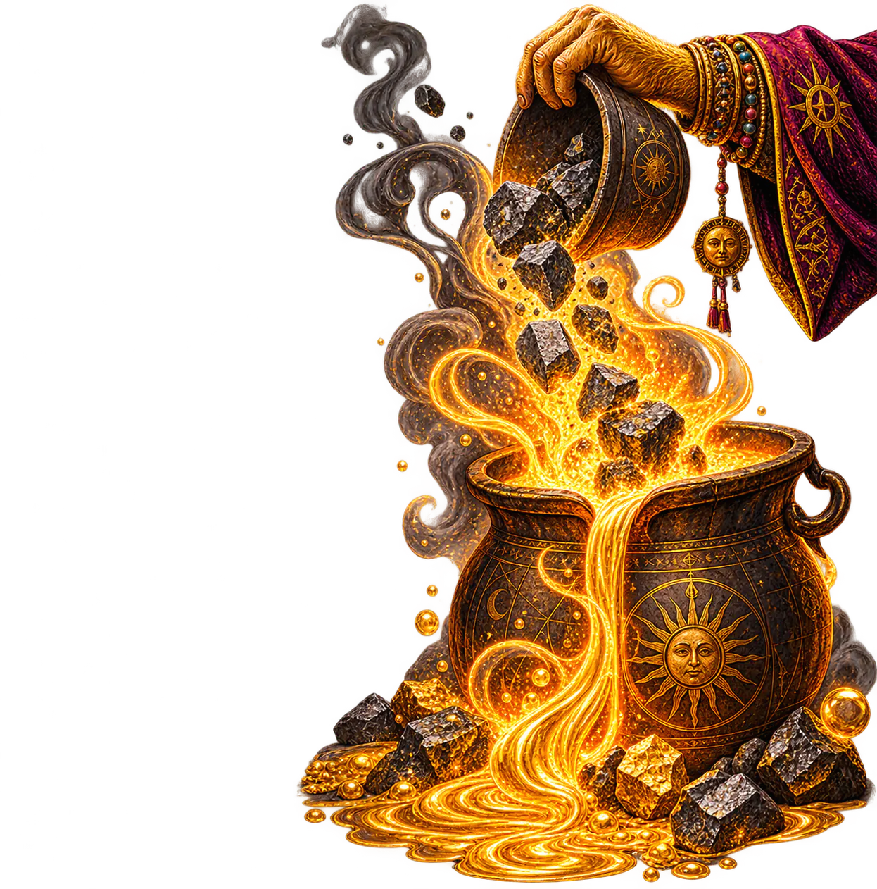 An alchemist's robed hand tipping dark lead ore from a rune-etched bowl into a sun-marked cauldron, where it transmutes into streams of molten gold.